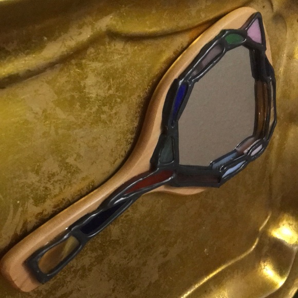 Unique Hand Mirror Wood W/Stained Glass Trim - Picture 12 of 12